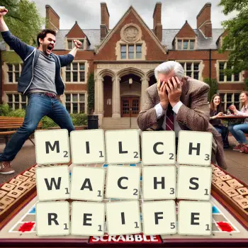 Kreative Illustration für ein Scrabble-Spiel, bei dem das Wort MILCHWACHSREIFE mit Steinen auf dem Brett gelegt wurde.
