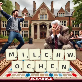 Kreative Illustration für ein Scrabble-Spiel, bei dem das Wort MILCHWOCHEN mit Steinen auf dem Brett gelegt wurde.
