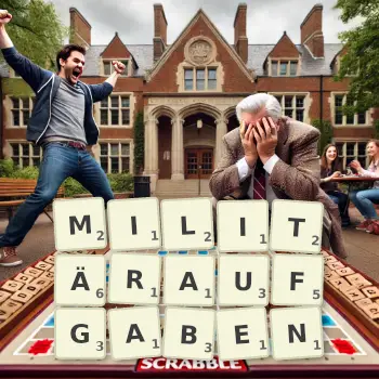 Kreative Illustration für ein Scrabble-Spiel, bei dem das Wort MILITÄRAUFGABEN mit Steinen auf dem Brett gelegt wurde.
