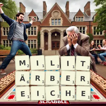 Kreative Illustration für ein Scrabble-Spiel, bei dem das Wort MILITÄRBEREICHE mit Steinen auf dem Brett gelegt wurde.