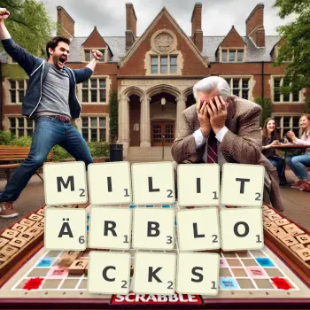 Kreative Illustration für ein Scrabble-Spiel, bei dem das Wort MILITÄRBLOCKS mit Steinen auf dem Brett gelegt wurde.