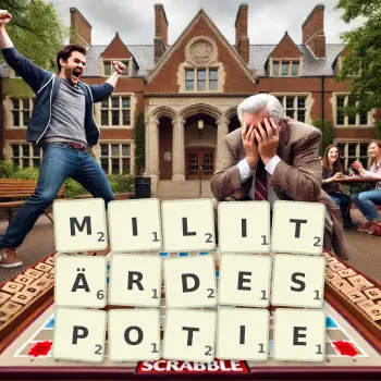Kreative Illustration für ein Scrabble-Spiel, bei dem das Wort MILITÄRDESPOTIE mit Steinen auf dem Brett gelegt wurde.