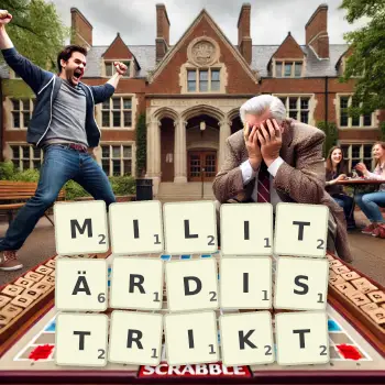 Kreative Illustration für ein Scrabble-Spiel, bei dem das Wort MILITÄRDISTRIKT mit Steinen auf dem Brett gelegt wurde.