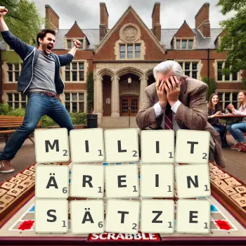 Kreative Illustration für ein Scrabble-Spiel, bei dem das Wort MILITÄREINSÄTZE mit Steinen auf dem Brett gelegt wurde.
