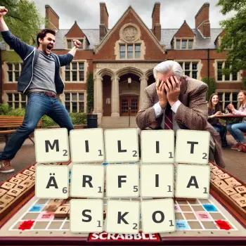 Kreative Illustration für ein Scrabble-Spiel, bei dem das Wort MILITÄRFIASKO mit Steinen auf dem Brett gelegt wurde.