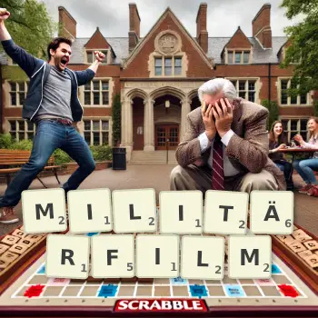 Kreative Illustration für ein Scrabble-Spiel, bei dem das Wort MILITÄRFILM mit Steinen auf dem Brett gelegt wurde.