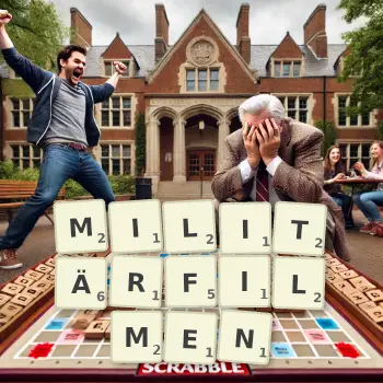Kreative Illustration für ein Scrabble-Spiel, bei dem das Wort MILITÄRFILMEN mit Steinen auf dem Brett gelegt wurde.