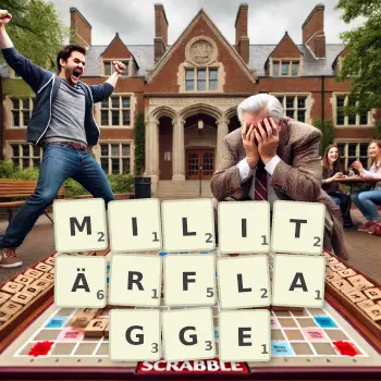 Kreative Illustration für ein Scrabble-Spiel, bei dem das Wort MILITÄRFLAGGE mit Steinen auf dem Brett gelegt wurde.