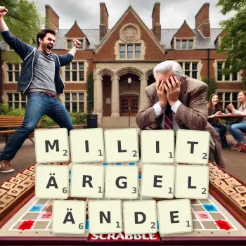 Kreative Illustration für ein Scrabble-Spiel, bei dem das Wort MILITÄRGELÄNDE mit Steinen auf dem Brett gelegt wurde.