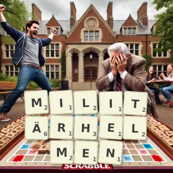 Kreative Illustration für ein Scrabble-Spiel, bei dem das Wort MILITÄRHELMEN mit Steinen auf dem Brett gelegt wurde.