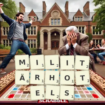 Kreative Illustration für ein Scrabble-Spiel, bei dem das Wort MILITÄRHOTELS mit Steinen auf dem Brett gelegt wurde.