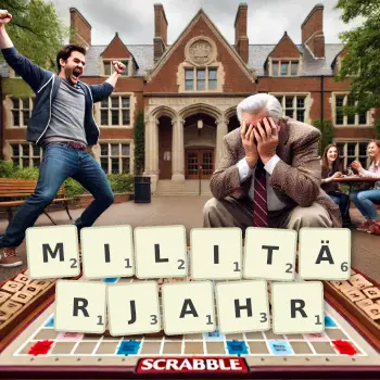 Kreative Illustration für ein Scrabble-Spiel, bei dem das Wort MILITÄRJAHR mit Steinen auf dem Brett gelegt wurde.
