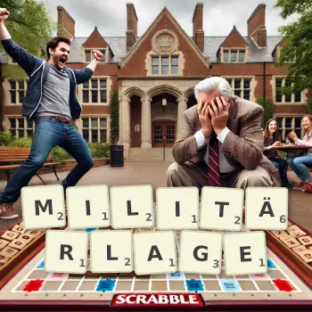 Kreative Illustration für ein Scrabble-Spiel, bei dem das Wort MILITÄRLAGE mit Steinen auf dem Brett gelegt wurde.