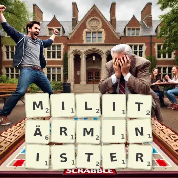 Kreative Illustration für ein Scrabble-Spiel, bei dem das Wort MILITÄRMINISTER mit Steinen auf dem Brett gelegt wurde.