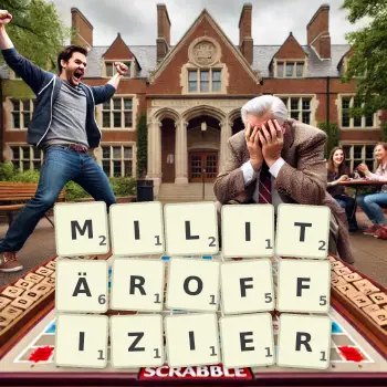 Kreative Illustration für ein Scrabble-Spiel, bei dem das Wort MILITÄROFFIZIER mit Steinen auf dem Brett gelegt wurde.