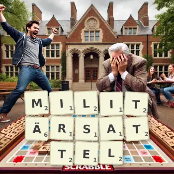 Kreative Illustration für ein Scrabble-Spiel, bei dem das Wort MILITÄRSATTEL mit Steinen auf dem Brett gelegt wurde.