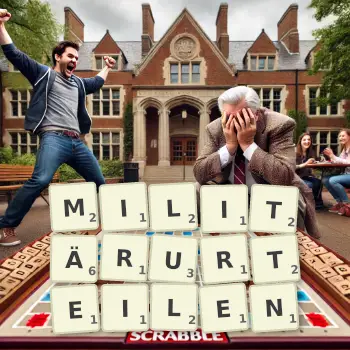 Kreative Illustration für ein Scrabble-Spiel, bei dem das Wort MILITÄRURTEILEN mit Steinen auf dem Brett gelegt wurde.