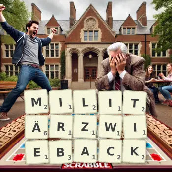 Kreative Illustration für ein Scrabble-Spiel, bei dem das Wort MILITÄRZWIEBACK mit Steinen auf dem Brett gelegt wurde.