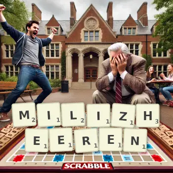 Kreative Illustration für ein Scrabble-Spiel, bei dem das Wort MILIZHEEREN mit Steinen auf dem Brett gelegt wurde.