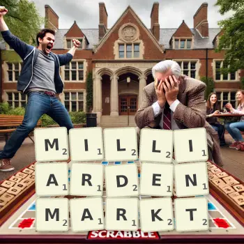 Kreative Illustration für ein Scrabble-Spiel, bei dem das Wort MILLIARDENMARKT mit Steinen auf dem Brett gelegt wurde.