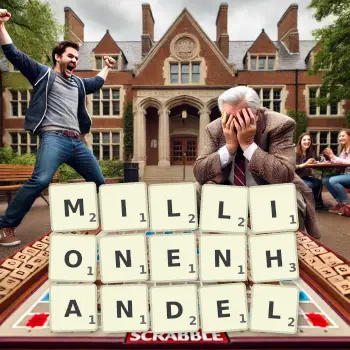 Kreative Illustration für ein Scrabble-Spiel, bei dem das Wort MILLIONENHANDEL mit Steinen auf dem Brett gelegt wurde.