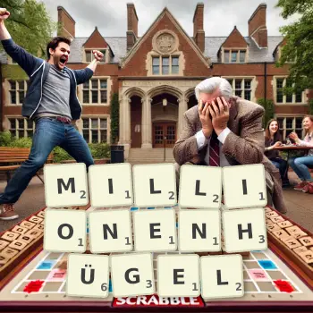Kreative Illustration für ein Scrabble-Spiel, bei dem das Wort MILLIONENHÜGEL mit Steinen auf dem Brett gelegt wurde.