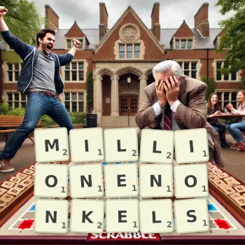 Kreative Illustration für ein Scrabble-Spiel, bei dem das Wort MILLIONENONKELS mit Steinen auf dem Brett gelegt wurde.