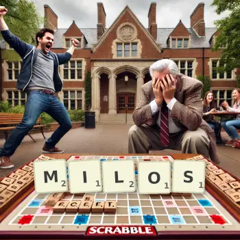 Kreative Illustration für ein Scrabble-Spiel, bei dem das Wort MILOS mit Steinen auf dem Brett gelegt wurde.