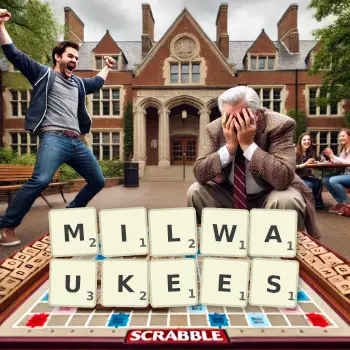 Kreative Illustration für ein Scrabble-Spiel, bei dem das Wort MILWAUKEES mit Steinen auf dem Brett gelegt wurde.
