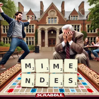 Kreative Illustration für ein Scrabble-Spiel, bei dem das Wort MIMENDES mit Steinen auf dem Brett gelegt wurde.