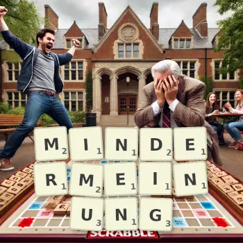 Kreative Illustration für ein Scrabble-Spiel, bei dem das Wort MINDERMEINUNG mit Steinen auf dem Brett gelegt wurde.