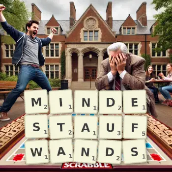Kreative Illustration für ein Scrabble-Spiel, bei dem das Wort MINDESTAUFWANDS mit Steinen auf dem Brett gelegt wurde.