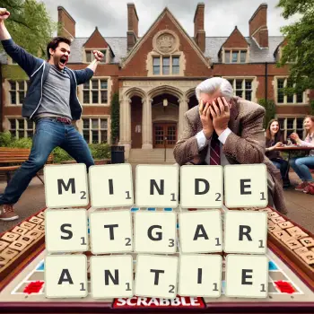 Kreative Illustration für ein Scrabble-Spiel, bei dem das Wort MINDESTGARANTIE mit Steinen auf dem Brett gelegt wurde.