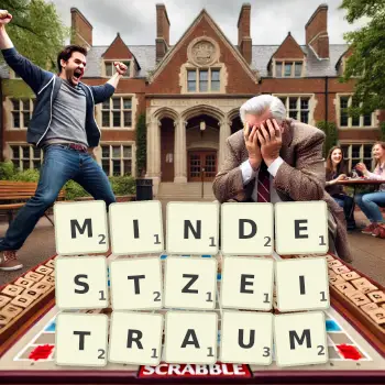 Kreative Illustration für ein Scrabble-Spiel, bei dem das Wort MINDESTZEITRAUM mit Steinen auf dem Brett gelegt wurde.