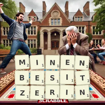 Kreative Illustration für ein Scrabble-Spiel, bei dem das Wort MINENBESITZERIN mit Steinen auf dem Brett gelegt wurde.