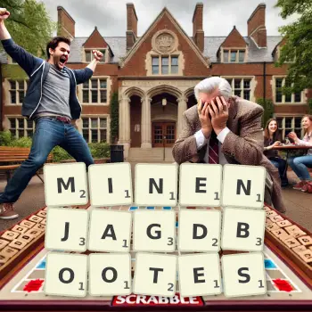 Kreative Illustration für ein Scrabble-Spiel, bei dem das Wort MINENJAGDBOOTES mit Steinen auf dem Brett gelegt wurde.