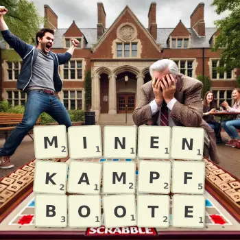 Kreative Illustration für ein Scrabble-Spiel, bei dem das Wort MINENKAMPFBOOTE mit Steinen auf dem Brett gelegt wurde.