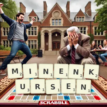 Kreative Illustration für ein Scrabble-Spiel, bei dem das Wort MINENKURSEN mit Steinen auf dem Brett gelegt wurde.