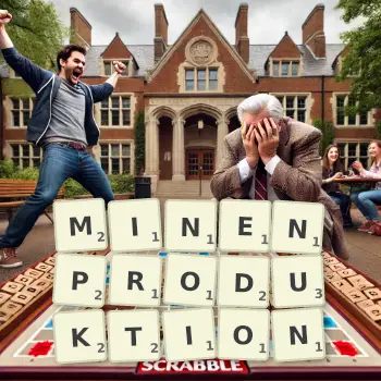 Kreative Illustration für ein Scrabble-Spiel, bei dem das Wort MINENPRODUKTION mit Steinen auf dem Brett gelegt wurde.