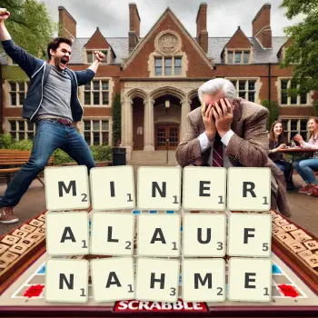 Kreative Illustration für ein Scrabble-Spiel, bei dem das Wort MINERALAUFNAHME mit Steinen auf dem Brett gelegt wurde.