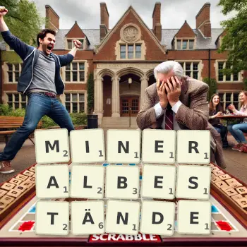 Kreative Illustration für ein Scrabble-Spiel, bei dem das Wort MINERALBESTÄNDE mit Steinen auf dem Brett gelegt wurde.