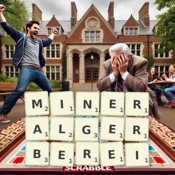 Kreative Illustration für ein Scrabble-Spiel, bei dem das Wort MINERALGERBEREI mit Steinen auf dem Brett gelegt wurde.