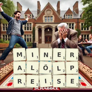 Kreative Illustration für ein Scrabble-Spiel, bei dem das Wort MINERALÖLPREISE mit Steinen auf dem Brett gelegt wurde.