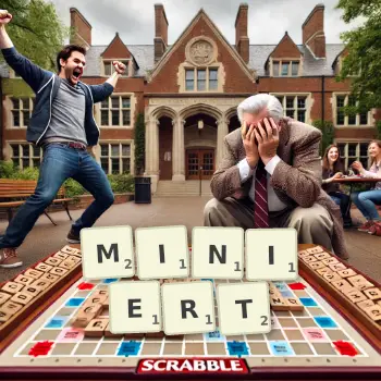 Kreative Illustration für ein Scrabble-Spiel, bei dem das Wort MINIERT mit Steinen auf dem Brett gelegt wurde.