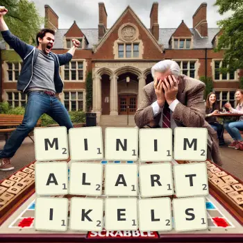 Kreative Illustration für ein Scrabble-Spiel, bei dem das Wort MINIMALARTIKELS mit Steinen auf dem Brett gelegt wurde.