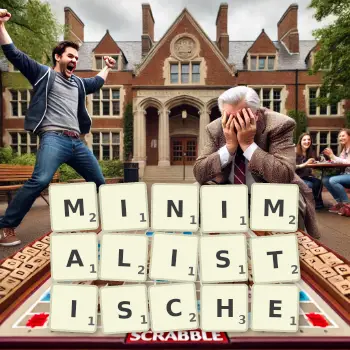 Kreative Illustration für ein Scrabble-Spiel, bei dem das Wort MINIMALISTISCHE mit Steinen auf dem Brett gelegt wurde.