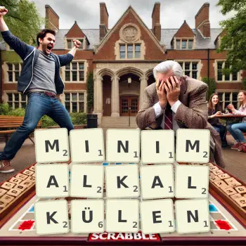 Kreative Illustration für ein Scrabble-Spiel, bei dem das Wort MINIMALKALKÜLEN mit Steinen auf dem Brett gelegt wurde.