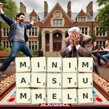 Kreative Illustration für ein Scrabble-Spiel, bei dem das Wort MINIMALSTUMMELN mit Steinen auf dem Brett gelegt wurde.