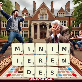 Kreative Illustration für ein Scrabble-Spiel, bei dem das Wort MINIMIERENDES mit Steinen auf dem Brett gelegt wurde.