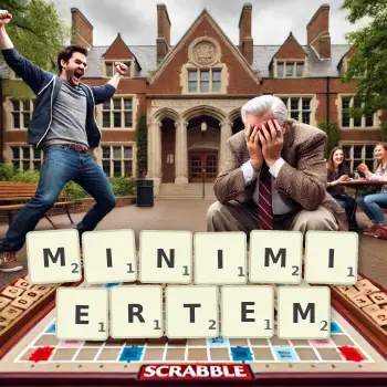 Kreative Illustration für ein Scrabble-Spiel, bei dem das Wort MINIMIERTEM mit Steinen auf dem Brett gelegt wurde.